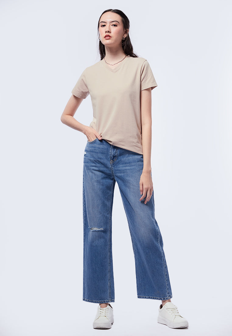 Basic V-Neck Cotton T-Shirt Wheat