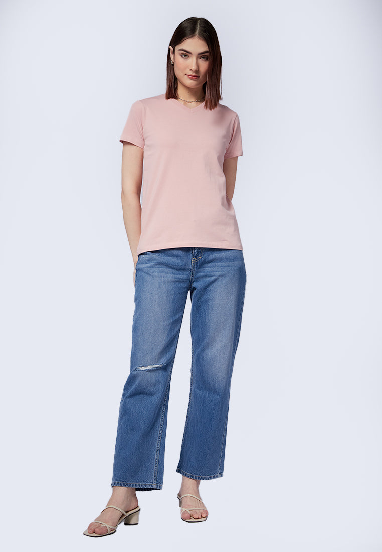 Basic V-Neck Cotton T-Shirt L.Pink
