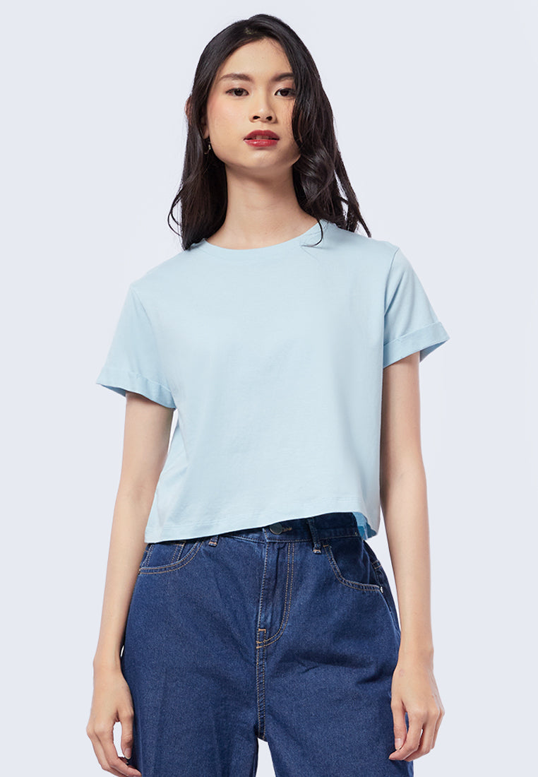 Basic Cropped Cotton T-Shirt Ice Blue