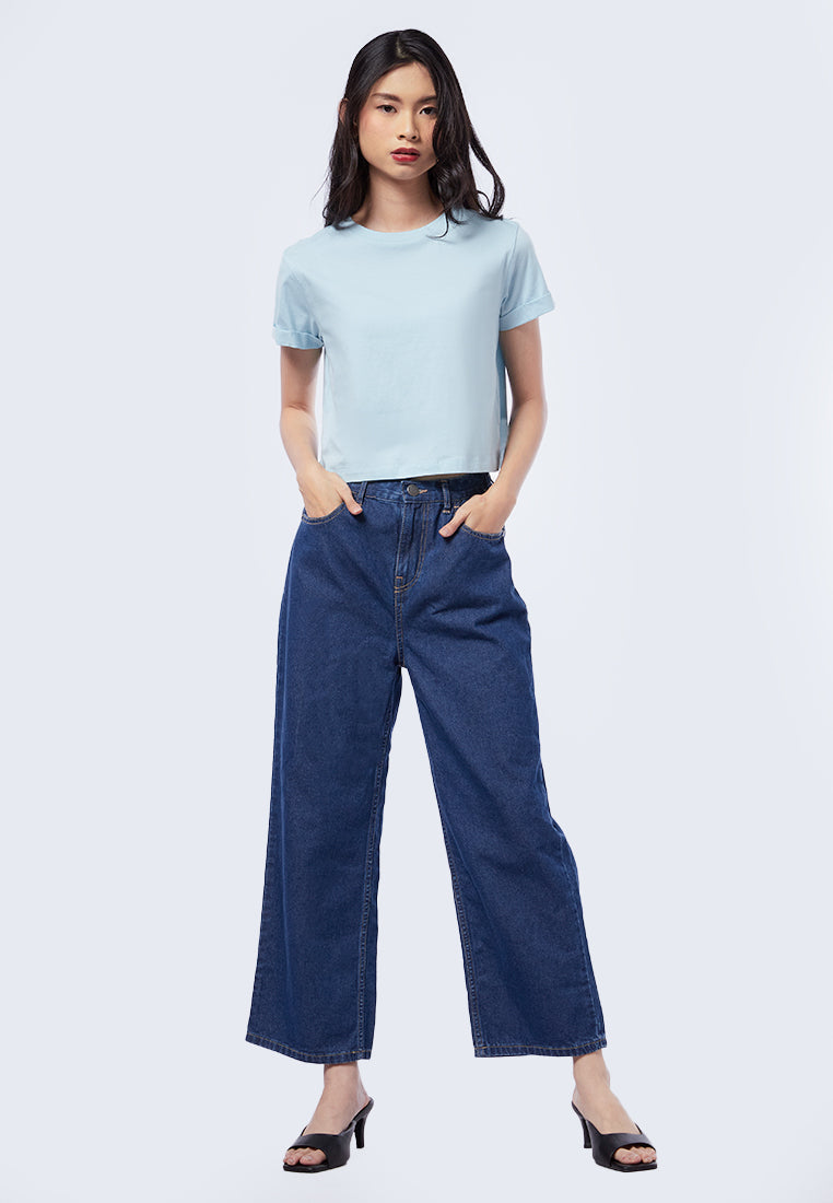 Basic Cropped Cotton T-Shirt Ice Blue
