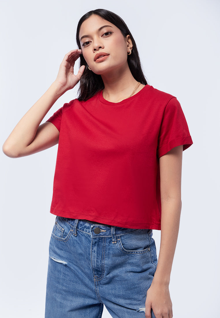 Basic Cropped Cotton T-Shirt Cherry