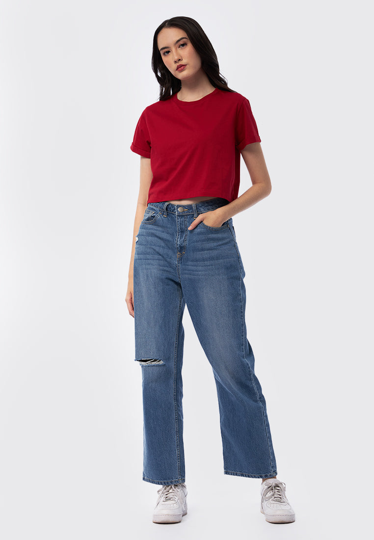 Basic Cropped Cotton T-Shirt Red