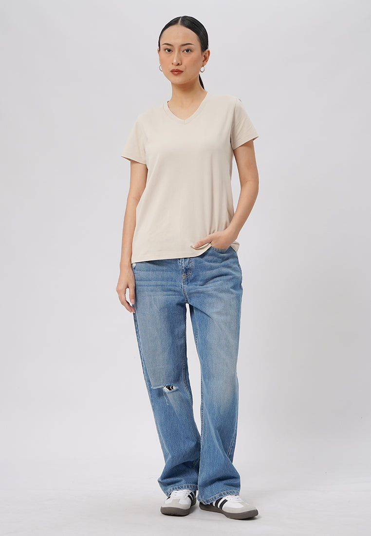 Basic V-Neck Cotton T-Shirt Moonbeam
