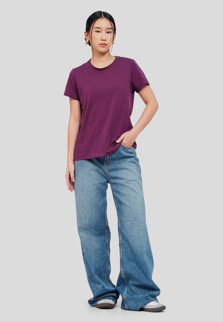 Basic Round Neck Cotton T-Shirt Plum