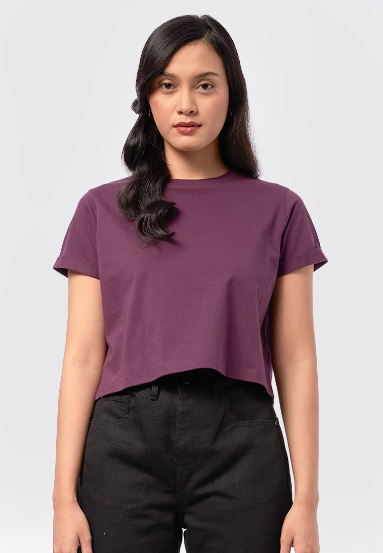 Basic Cropped Cotton T-Shirt Plum