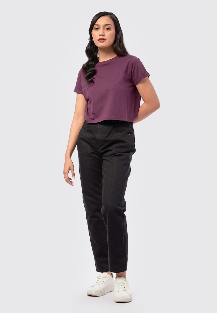Basic Cropped Cotton T-Shirt Plum