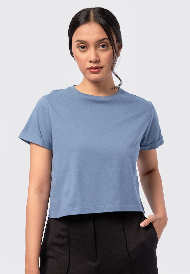 Basic Cropped Cotton T-Shirt Blue