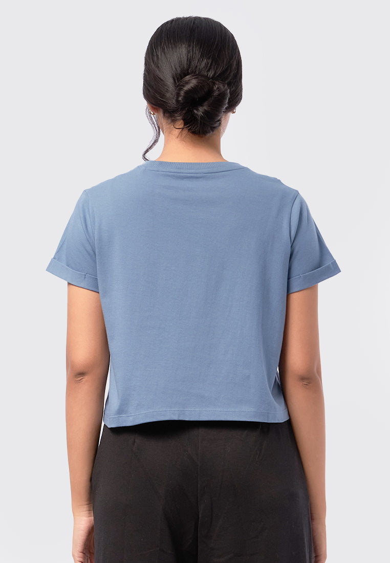 Basic Cropped Cotton T-Shirt Blue