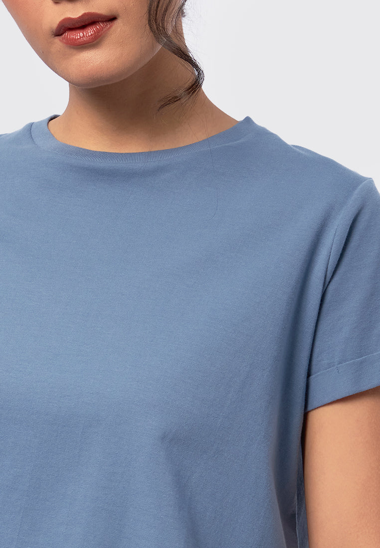 Basic Cropped Cotton T-Shirt Blue