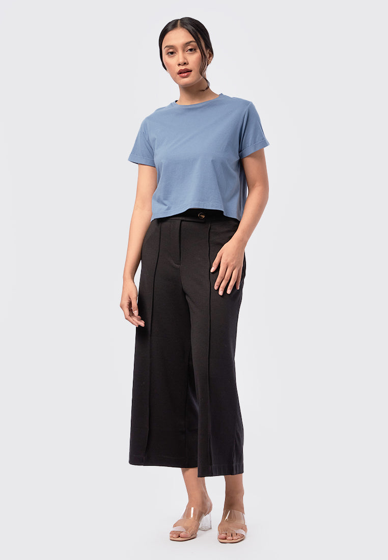 Basic Cropped Cotton T-Shirt Blue