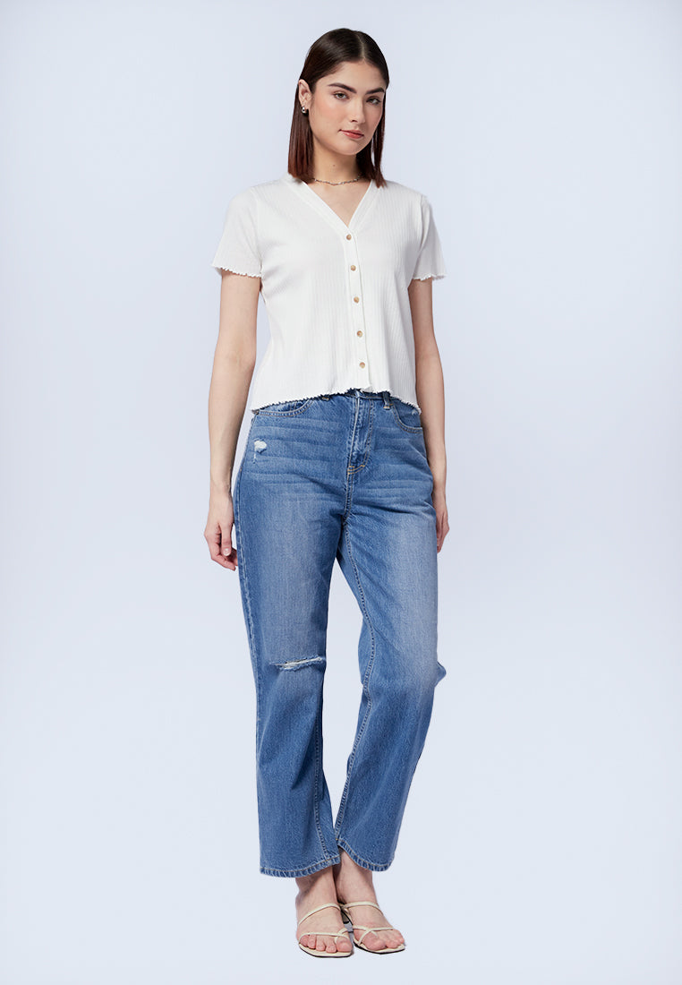 Button Up Short Sleeve Crop Top