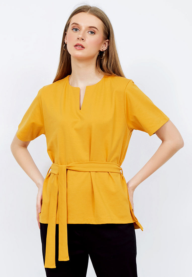 V-neck Short Sleeve Top with Belt