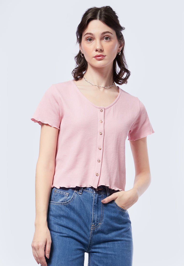 Button Up Short Sleeve Textured Top