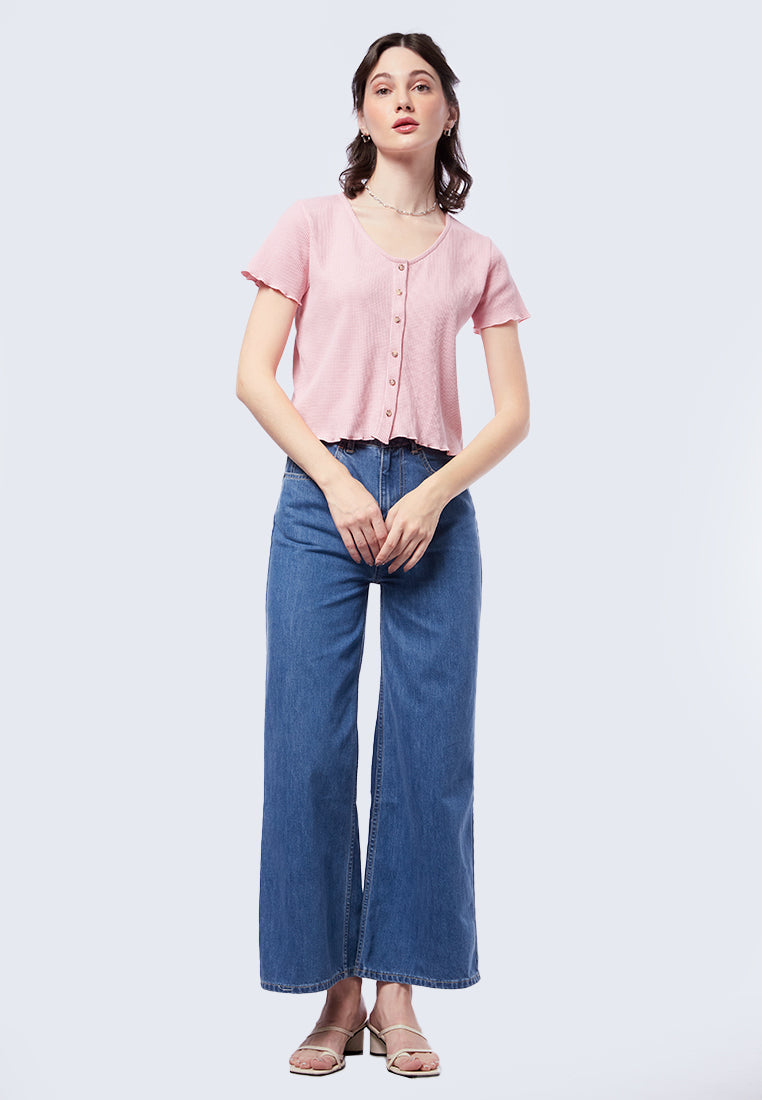 Button Up Short Sleeve Textured Top