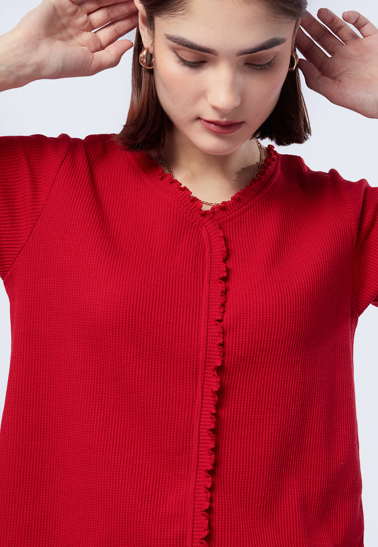 Ruffle Short Sleeve Waffle Top