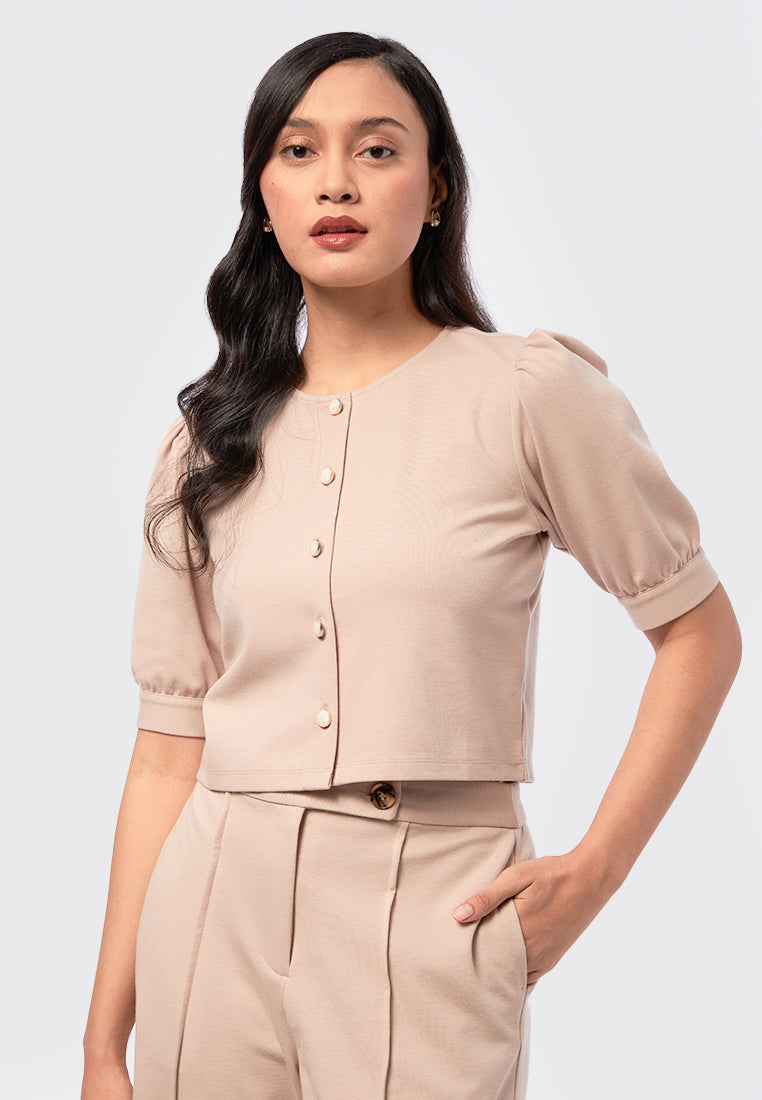 Puff Sleeve Knit Top with Fancy Button