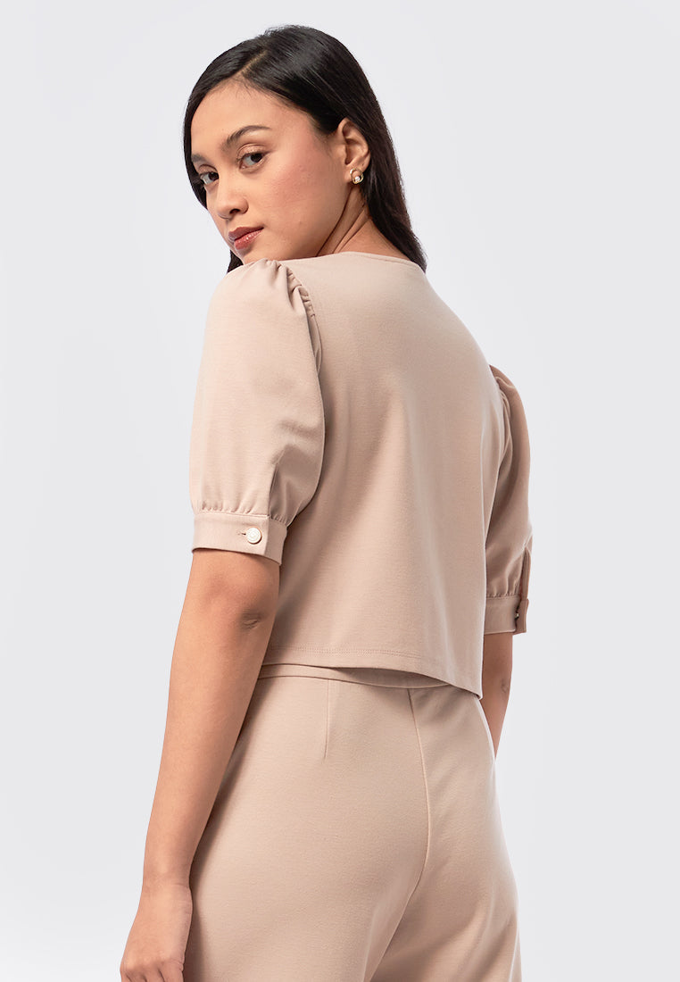 Puff Sleeve Knit Top with Fancy Button