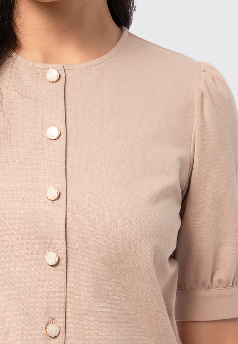 Puff Sleeve Knit Top with Fancy Button
