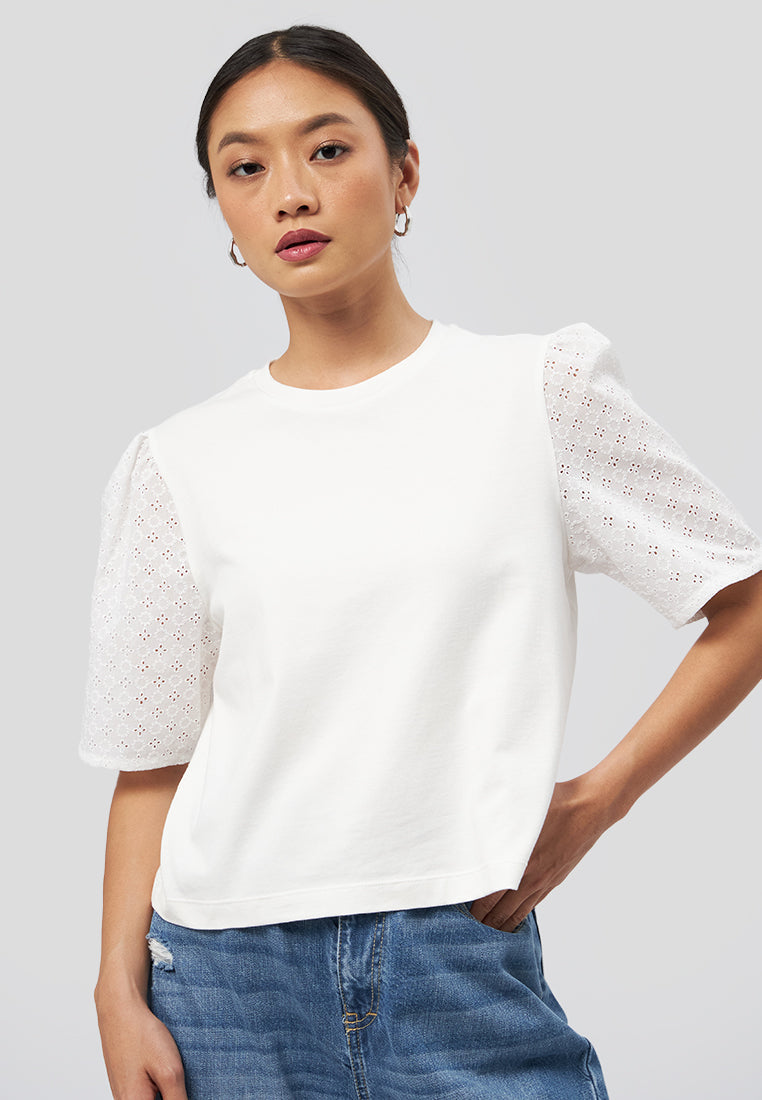Short Sleeve Eyelet Top Off White