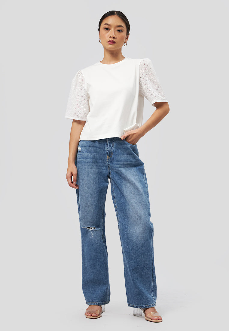 Short Sleeve Eyelet Top Off White