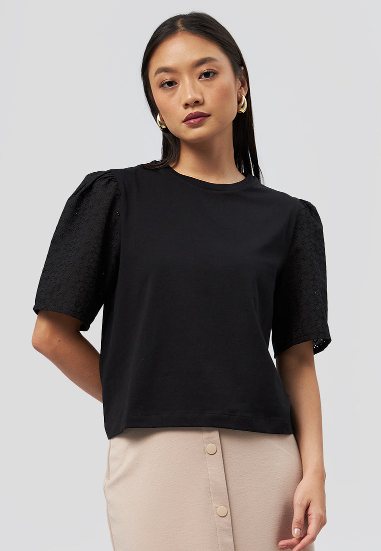 Short Sleeve Eyelet Top Black