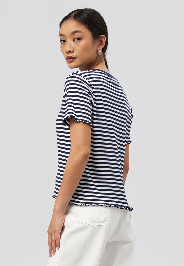 Short Sleeve Stripes Rib T-Shirt Navy