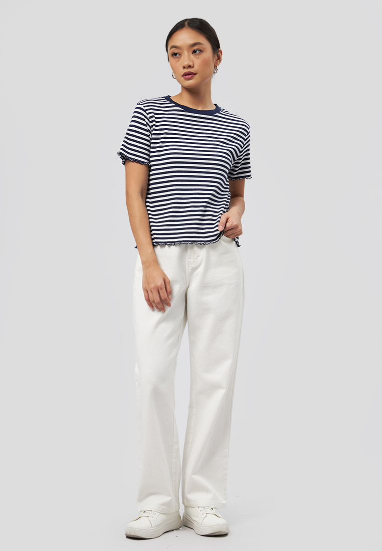 Short Sleeve Stripes Rib T-Shirt Navy