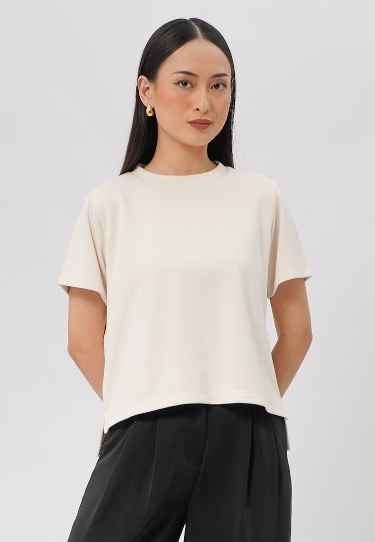 Round Neck Jacquard Knit Top Beige