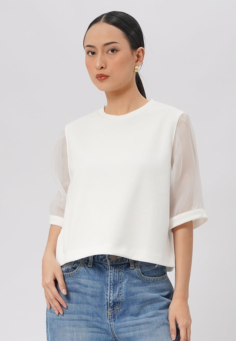 Short Sleeve Organza Top Off White