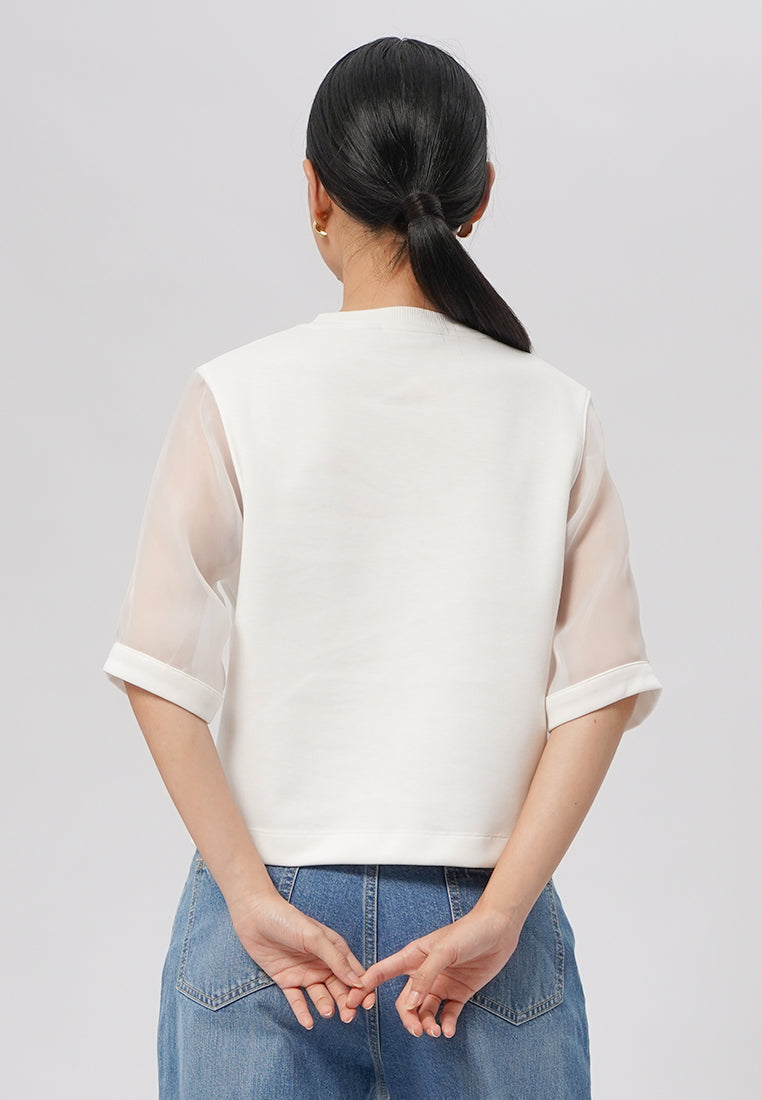 Short Sleeve Organza Top Off White