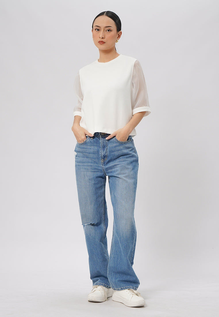 Short Sleeve Organza Top Off White