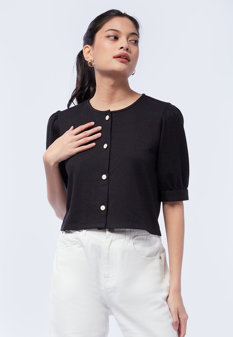 Puff Sleeves Knit Top with Fancy Button