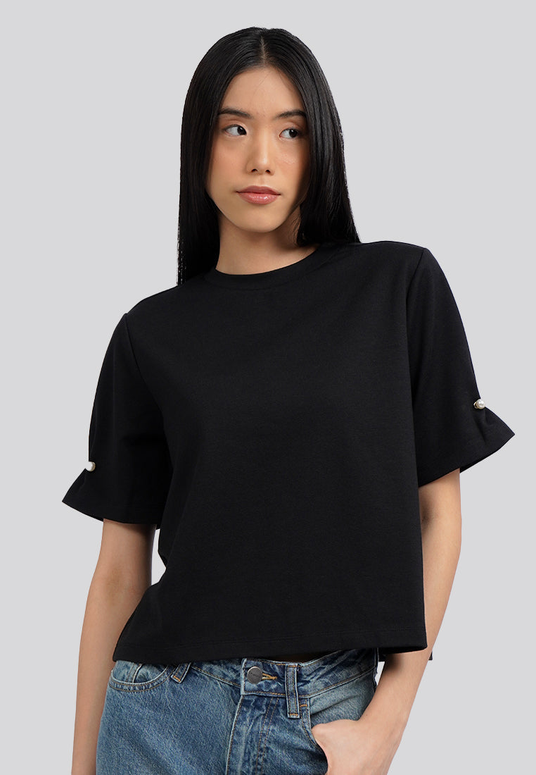 Short Sleeve Top with Pearl Details Black