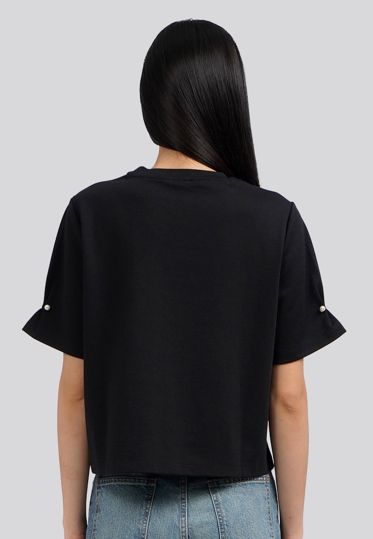 Short Sleeve Top with Pearl Details Black