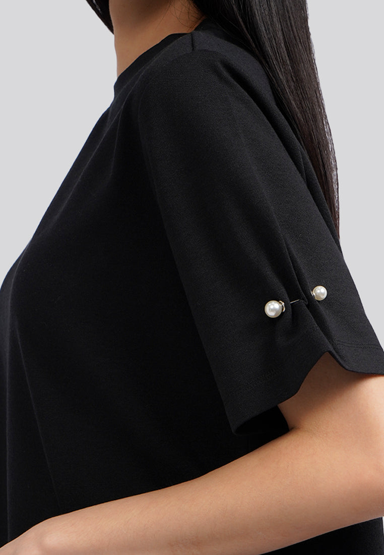 Short Sleeve Top with Pearl Details Black