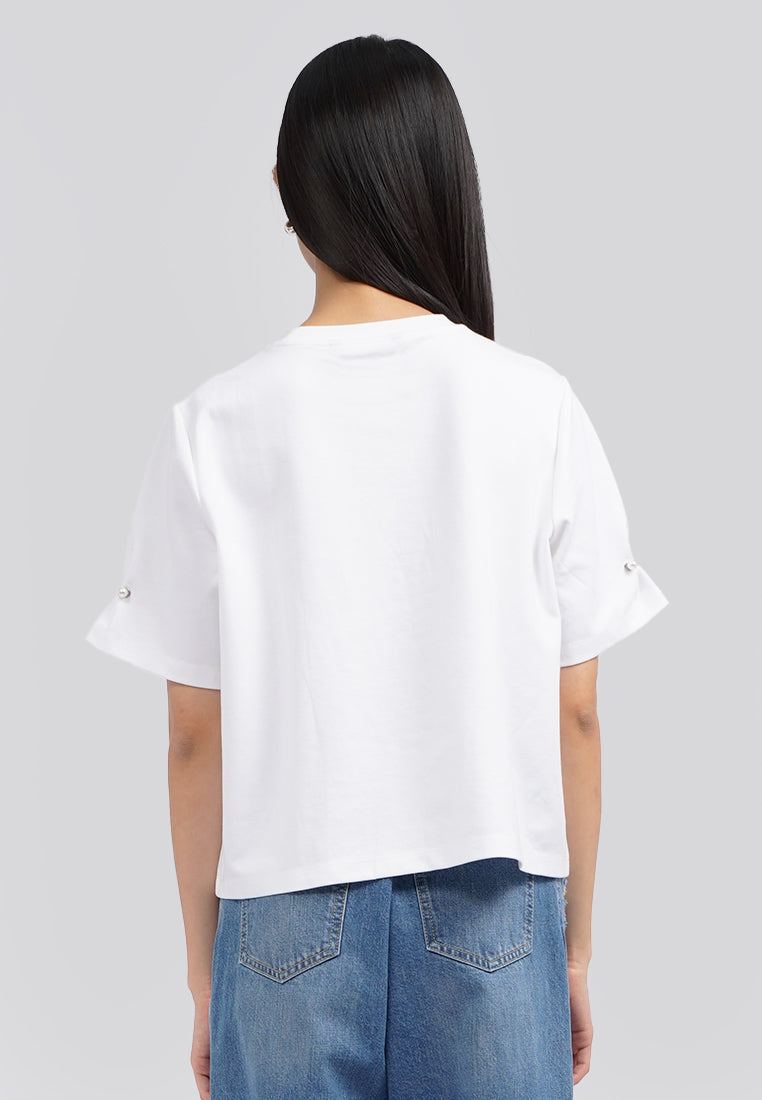 Short Sleeve Top with Pearl Details Off White