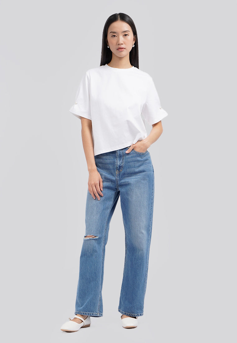 Short Sleeve Top with Pearl Details Off White