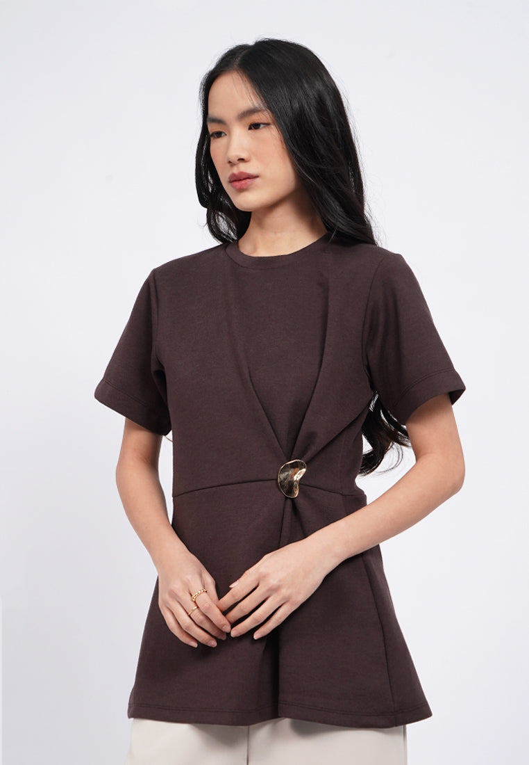 Draped Short Sleeve Top with Brooch