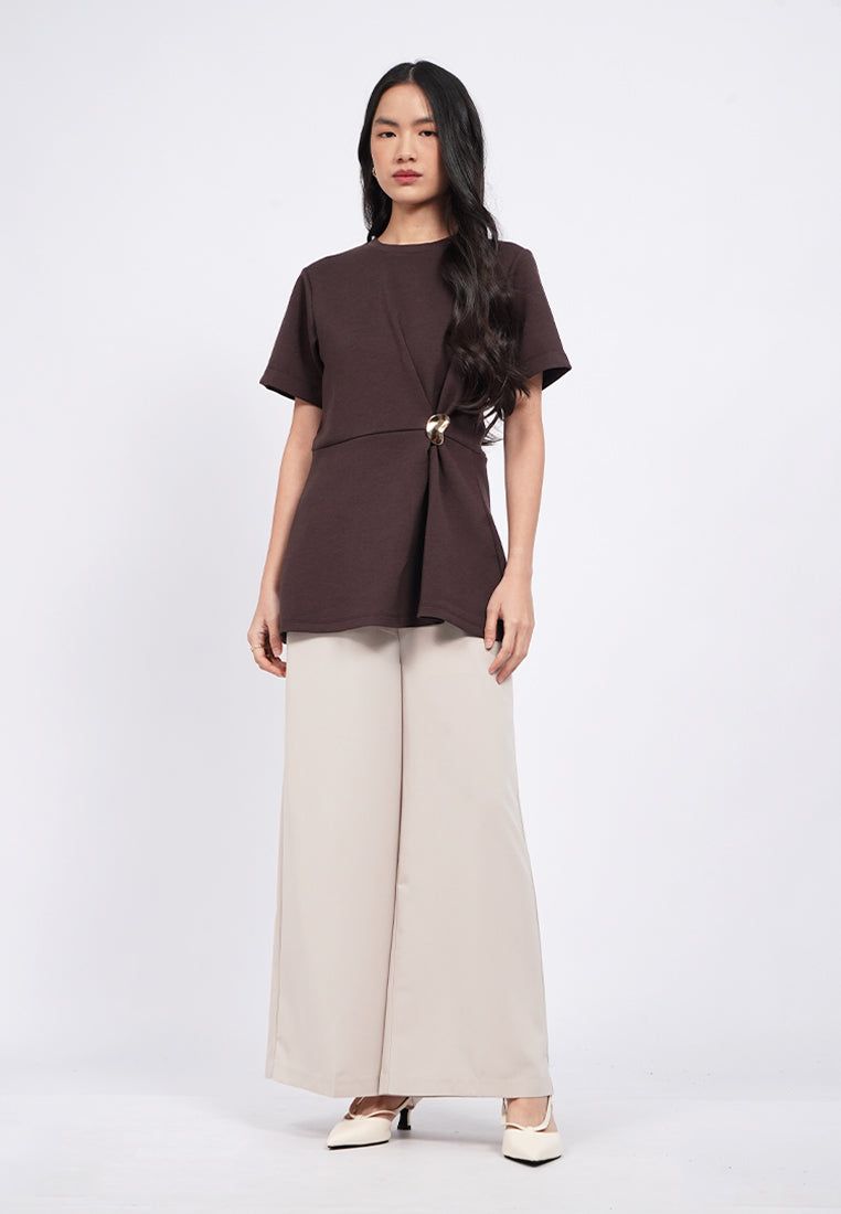 Draped Short Sleeve Top with Brooch