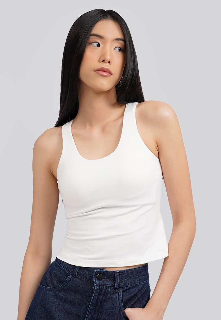 Fitted Round Neck Tank Top Bra Off White