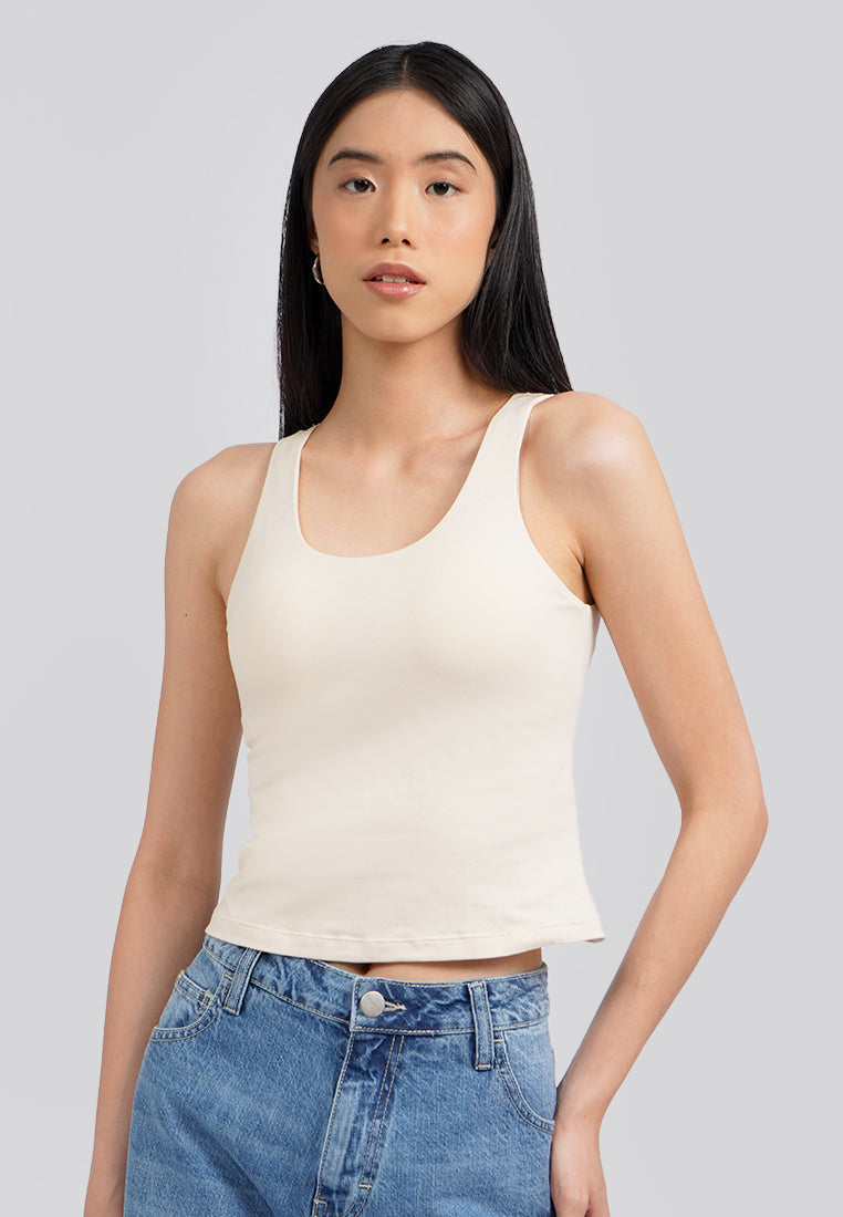 Fitted Round Neck Tank Top Bra Beige