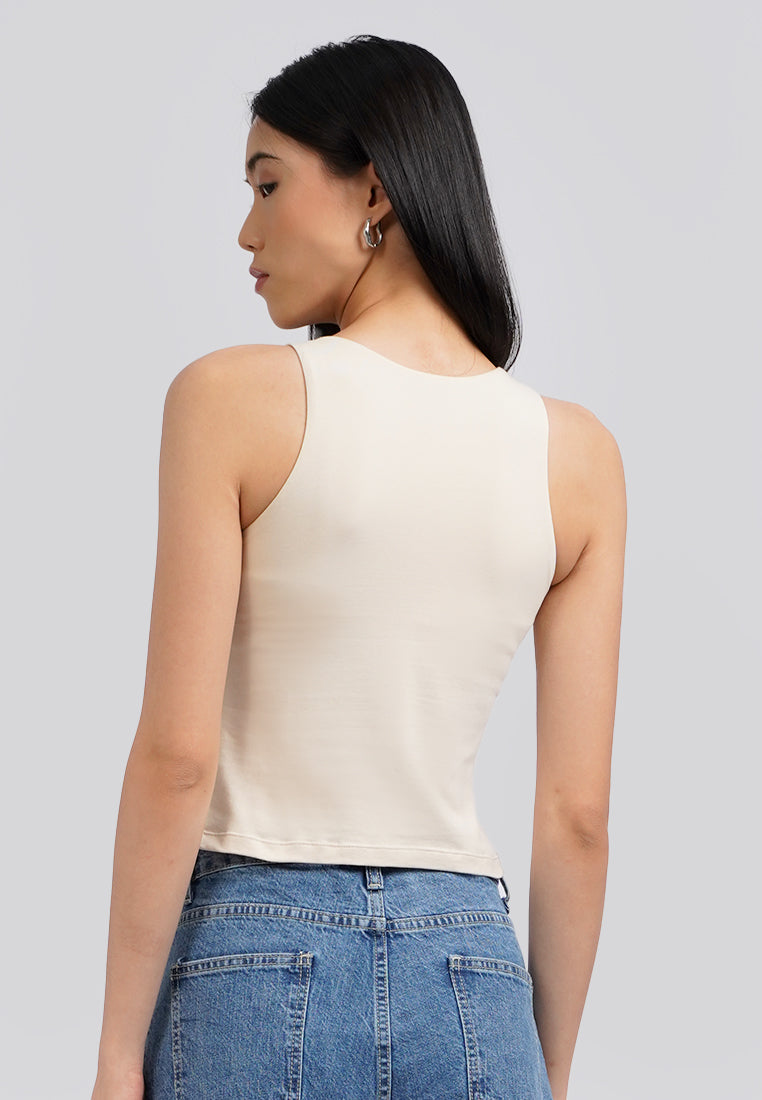 Fitted Round Neck Tank Top Bra Beige