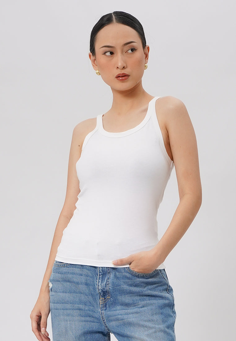 Fitted Round Neck Tank Top Off White