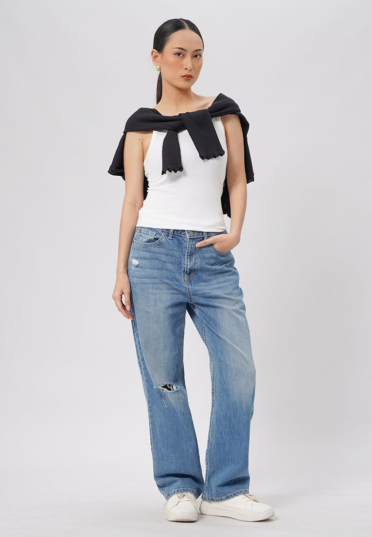 Fitted Round Neck Tank Top Off White