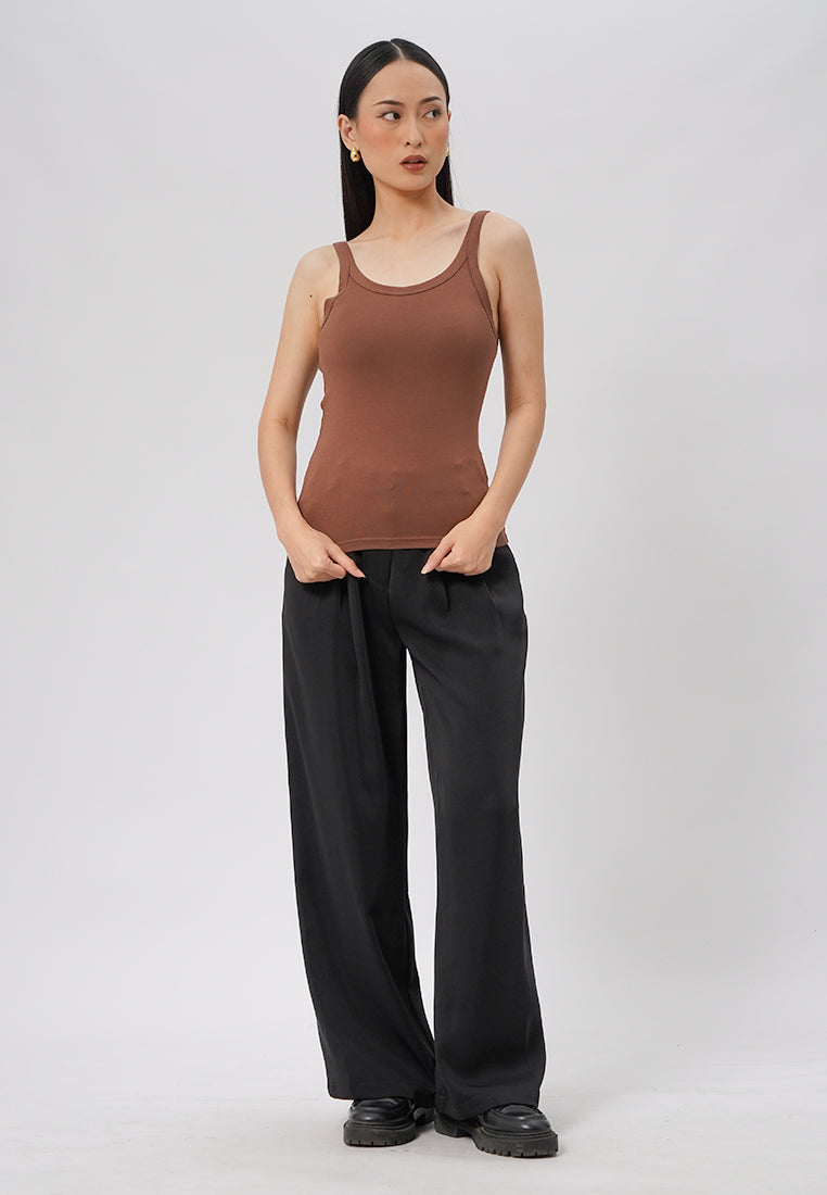 Fitted Round Neck Tank Top Brown