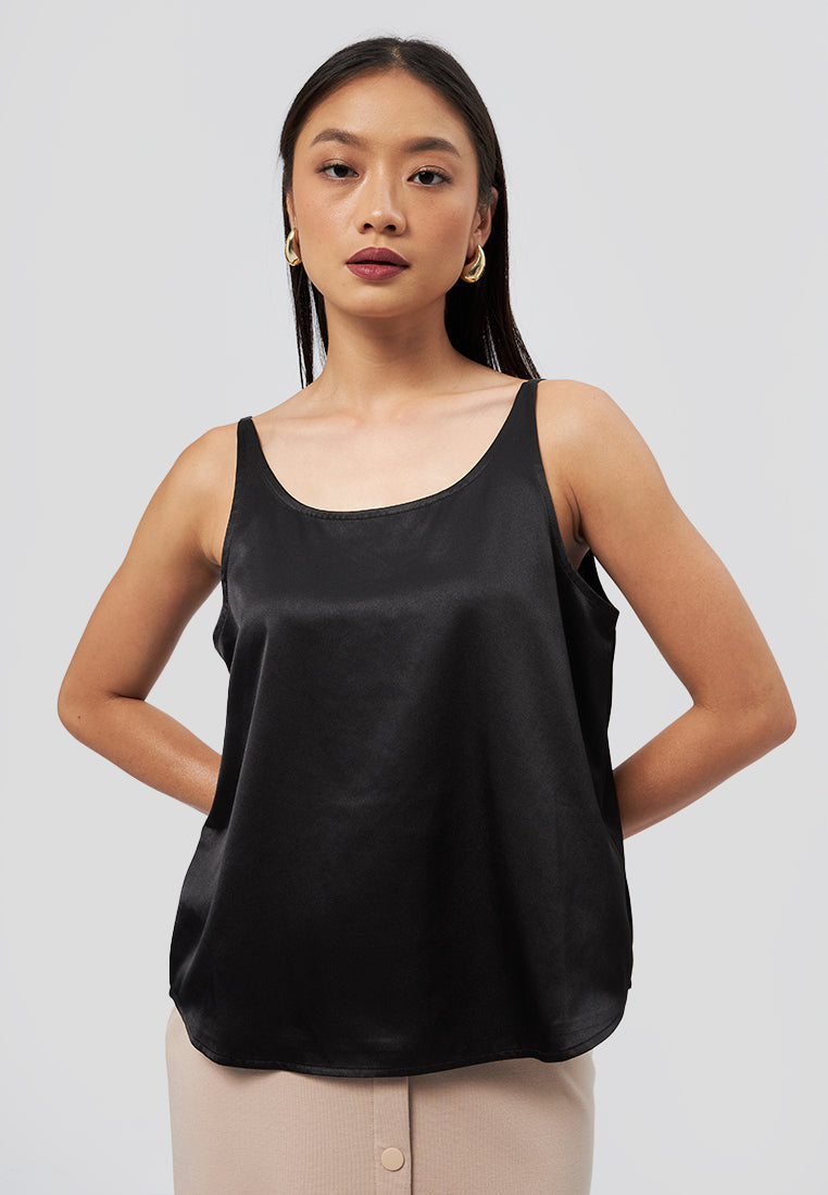 Round Neck Satin Tank Top Black