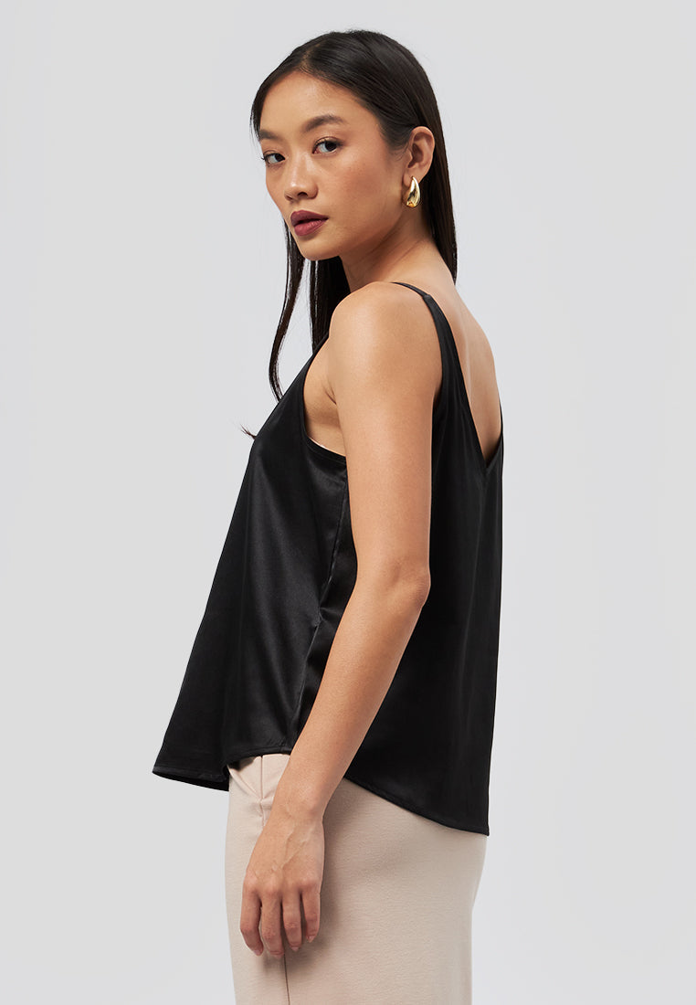 Round Neck Satin Tank Top Black