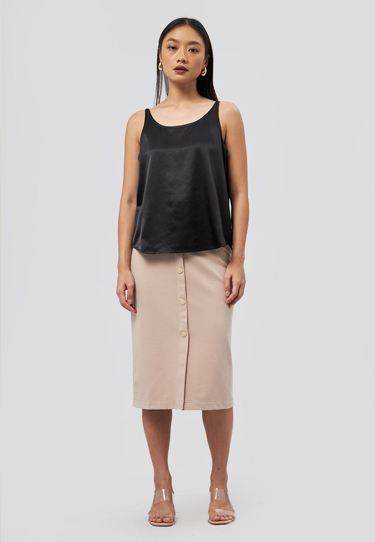 Round Neck Satin Tank Top Black