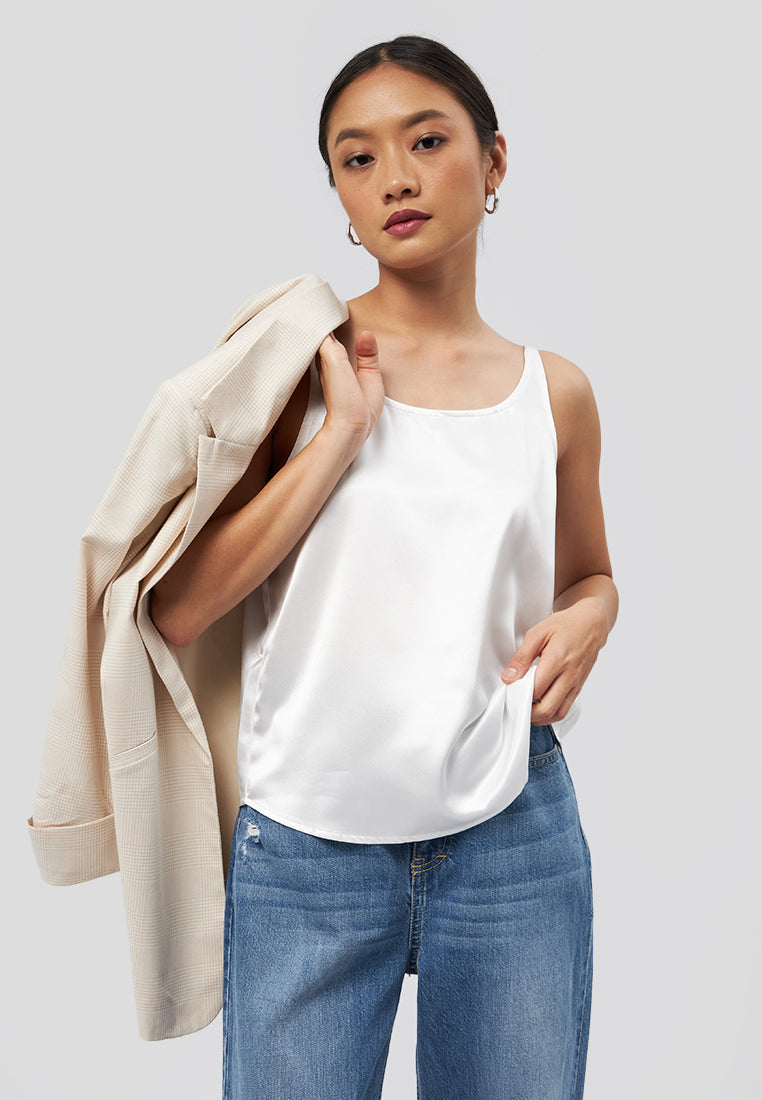 Round Neck Satin Tank Top Off White