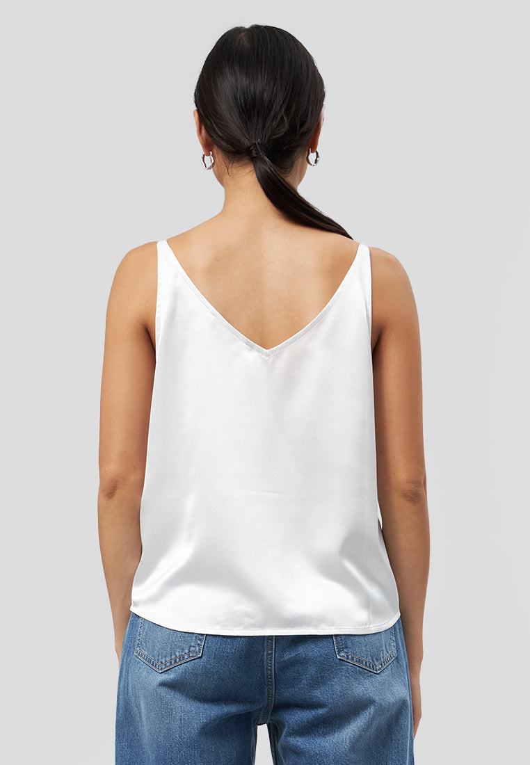 Round Neck Satin Tank Top Off White